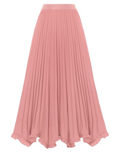 Maxi Pleated Skirts for Women Elegant Long Length High Waisted Flowy Skirt Pink L | Amazon (US)