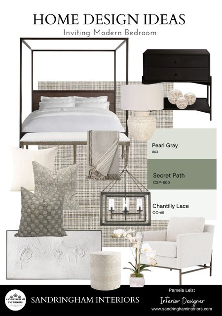 Inviting Modern Bedroom | Canopy Bed | Black Nightstand | Area Rug | Ceramic Table Lamp | Green patterned Pillows | Patterned Pillows | Textured Abstract Art | Orchid Arrangement | Side chair | Chandelier | Throw blanket | Bench

#LTKstyletip #LTKhome