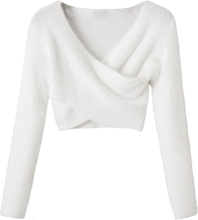 SheIn Women's Fuzzy Knit Criss Cross Wrap Sweater Long Sleeve V Neck Pullover Tops | Amazon (US)