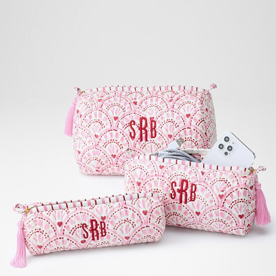 Block Print Quilted Cosmetic Pouch, Set of 3, Block Print Heart | Mark and Graham