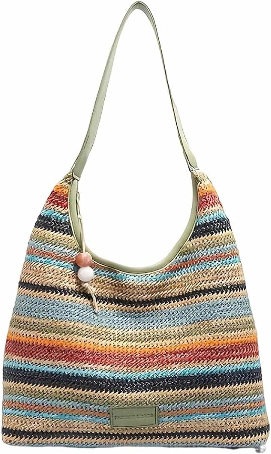 straw beach tote bag, summer vacation crochet purse, woven trendy colorful cute shoulder bag with... | Amazon (US)