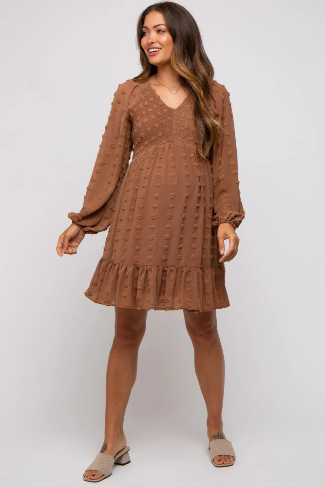 Mocha Textured Dot Smocked Maternity Dress | PinkBlush Maternity