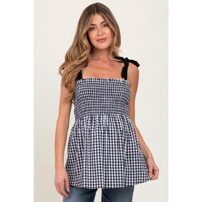 PinkBlush Black Gingham Smocked Shoulder Tie Maternity Top Black Large | Target