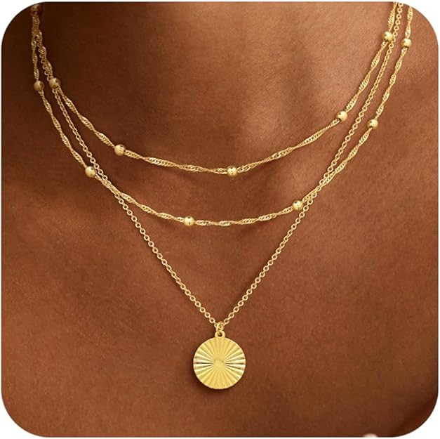 Gold Necklaces for Women,14K Gold/Silver Plated Choker Layered Necklace Dainty Pearl Disc Cross C... | Amazon (US)