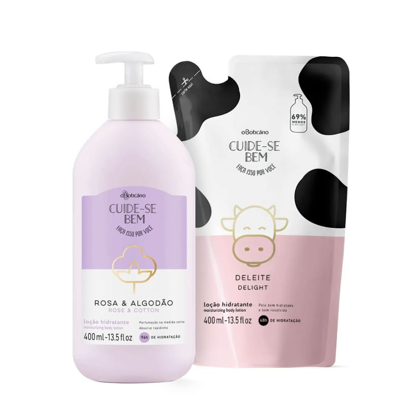Combo Cuide-se Bem: Loção Hidratante Corporal Rosa e Algodão 400ml + Refil Loção Hidratante ... | oBoticario (BR)