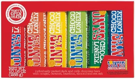 Tony's Chocolonely Chocolate Bar Pack - Milk & Dark Chocolate Bars, Individually Packed, w/Nougat, Caramel, Hazelnut, Almond & Sea Salt, Chocolate Candy Bars, Chocolate Candy Variety Pack - 6 Bars | Amazon (US)