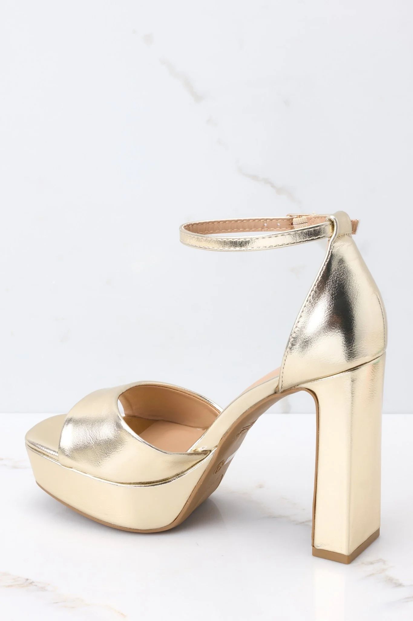 Shine Over Gold Ankle Strap Heels | Red Dress 