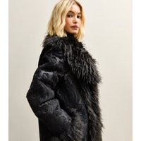 Women's Black Floral Texture Faux Fur Trim Coat New Look | New Look (UK)