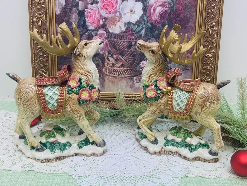 Pair of Fitz and Floyd Christmas wreath deer candle holders Circa 1990’s. | Etsy (US)
