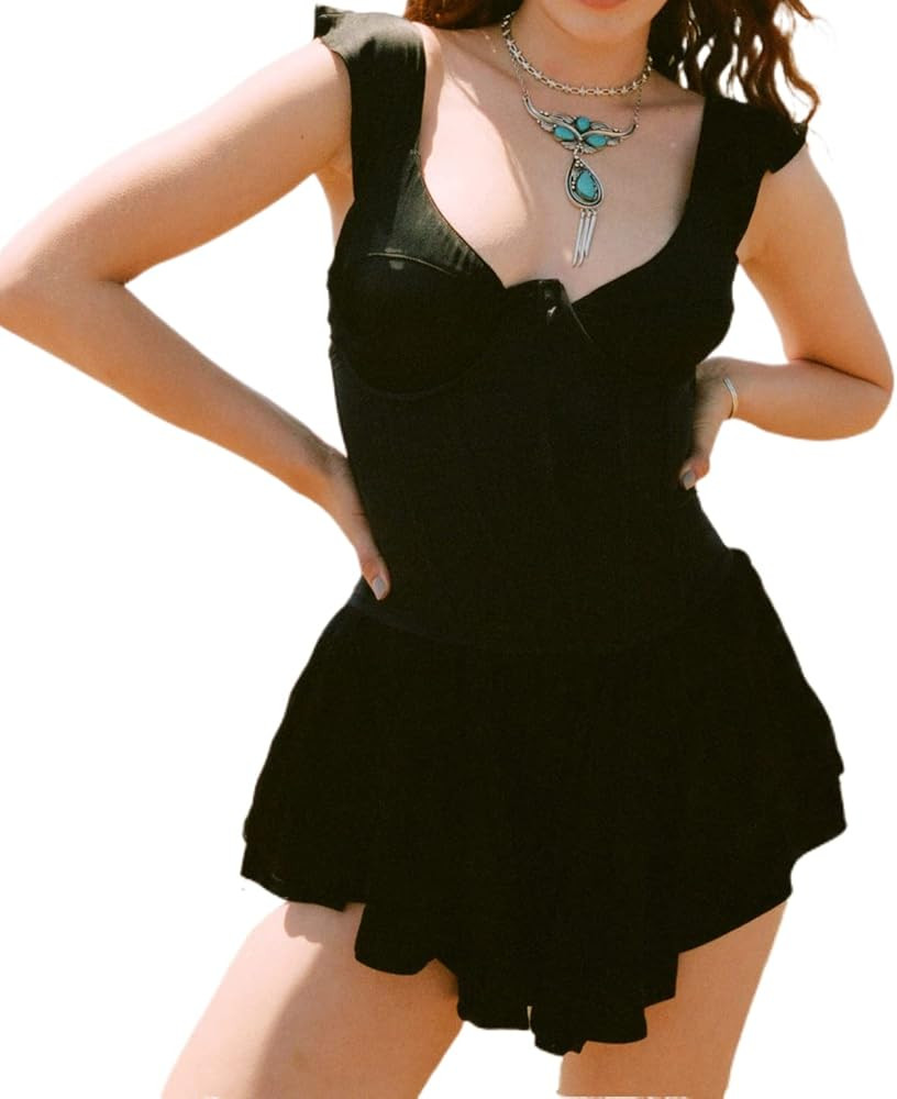 Women Vintage A-line Corset Mini Dress Y2k Fairy Button Up Ruffled Satin Tank Dress Balletcore Pa... | Amazon (US)