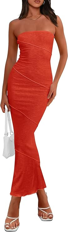 PRETTYGARDEN Women's Ribbed Maxi Bodycon Dress Summer Strapless Tube Y2K Party Club Long Dresses | Amazon (US)