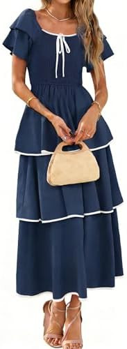 BerryGo Womens Summer Flowy Wedding Guest Long Dress Smocked Tiered Boho Casual Short Sleeve Squa... | Amazon (US)