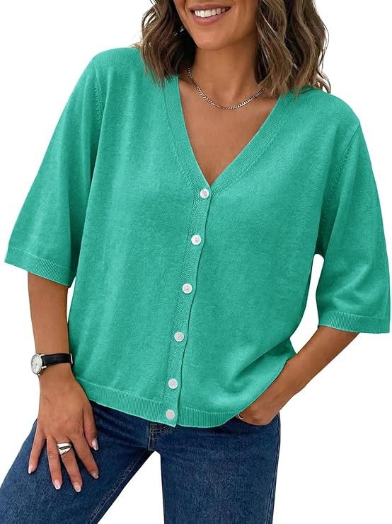 Saodimallsu Womens Half Short Sleeve Cardigans Summer Lightweight Knit V Neck Button Down Casual ... | Amazon (US)