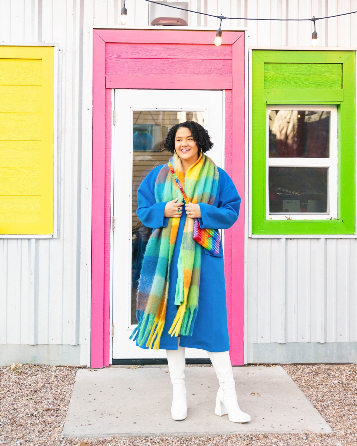 Blue Cocoon Coat 
Plaid Scarf
Colorful Scarf
White Boots
Knee High Boots
Princess Polly
Susan Alexandra 
Rainbow Bag 
Beaded Bag
Dopamine Dressing 
Maximalist 
Maximalism 


#LTKSeasonal #LTKunder100 #LTKstyletip