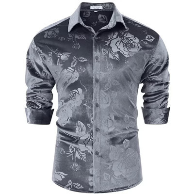 Men's Christmas Rose Print Long Sleeve Button Down Shirt Wedding Party Shirt | Target