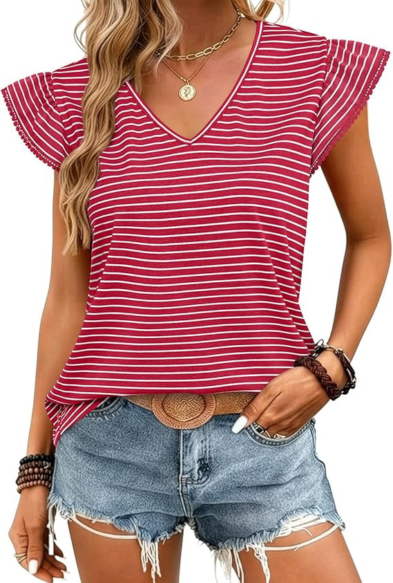 JUSTFASHIONNOW Womens Summer Ruffle Flutter Sleeve V Neck Tops, Soft Casual Striped Versatile Dre... | Amazon (US)
