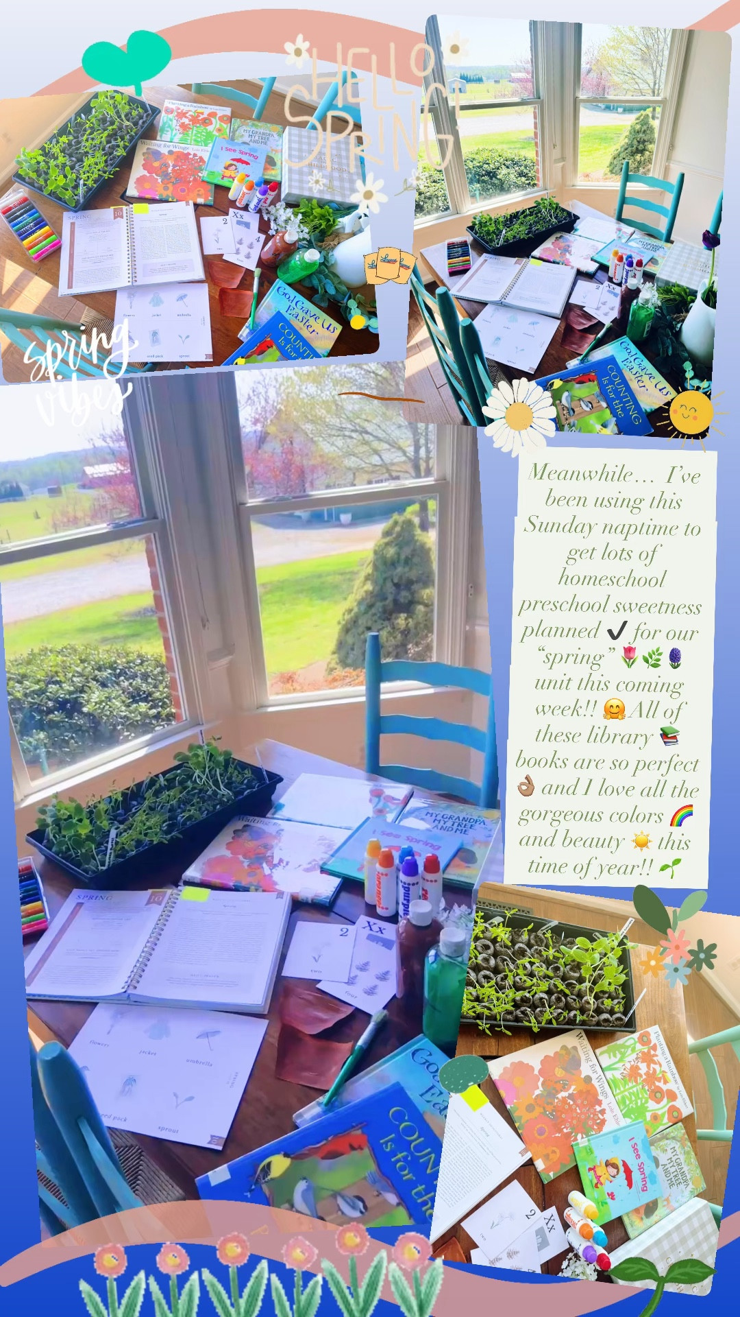 Meanwhile…  I’ve been using this Sunday naptime to get lots of homeschool preschool sweetness planned ✔️ for our “spring” 🌷🌿🪻 unit this coming week!! 🤗 All of these library 📚 books are so perfect 👌🏽 and I love all the gorgeous colors 🌈 and beauty ☀️ this time of year!! 🌱