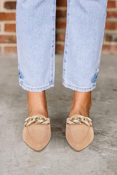 Mskilder Mules for Women Flats Metal Chain Pointed Toe Slip-on Backless Loafers Slides Flat Shoes | Amazon (US)