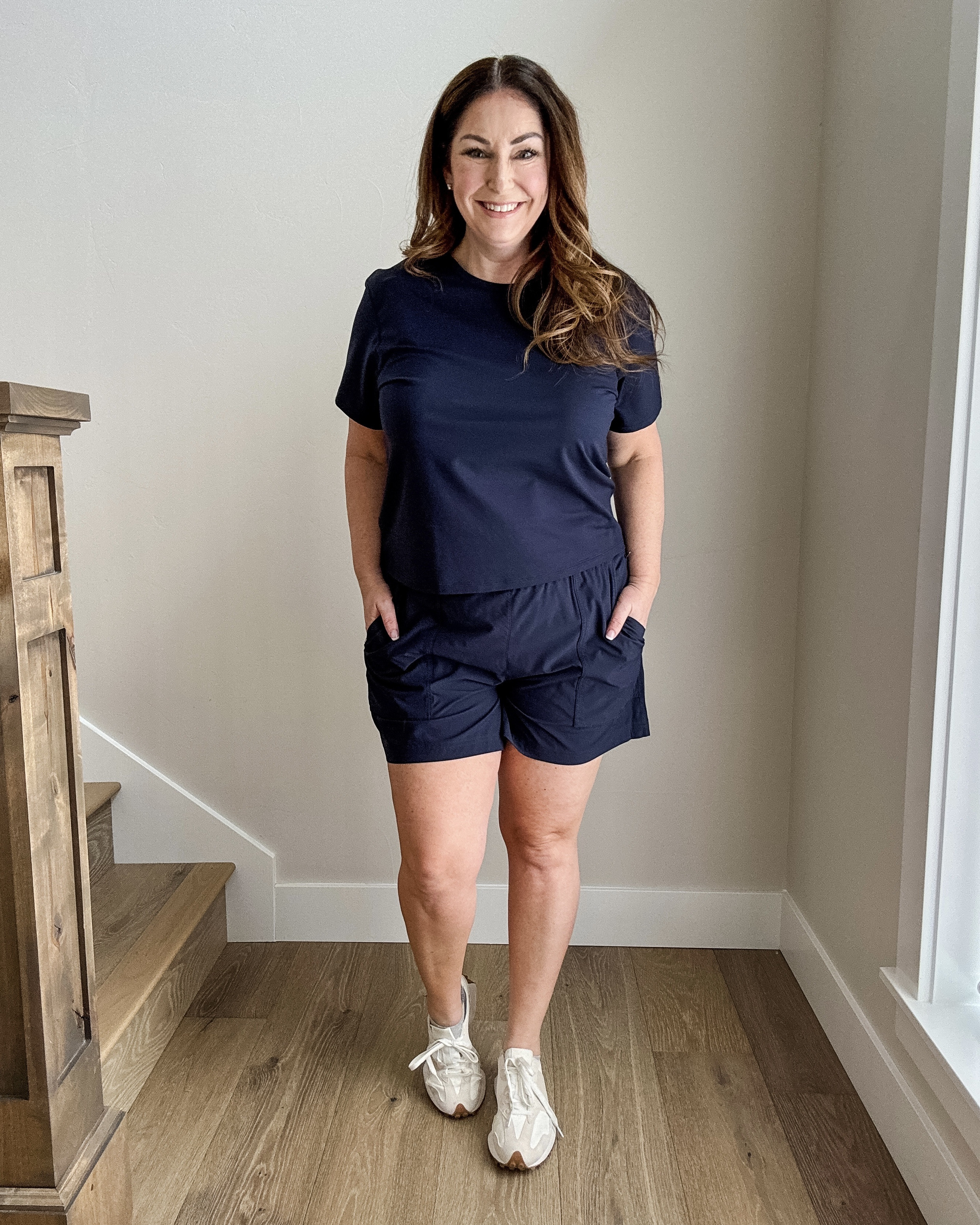 All navy fit from Athleta with my fav essential tee and Wayfind 5" high rise shorts.  Wearing both in L.  

 

#LTKActive #LTKOver40 #LTKMidsize