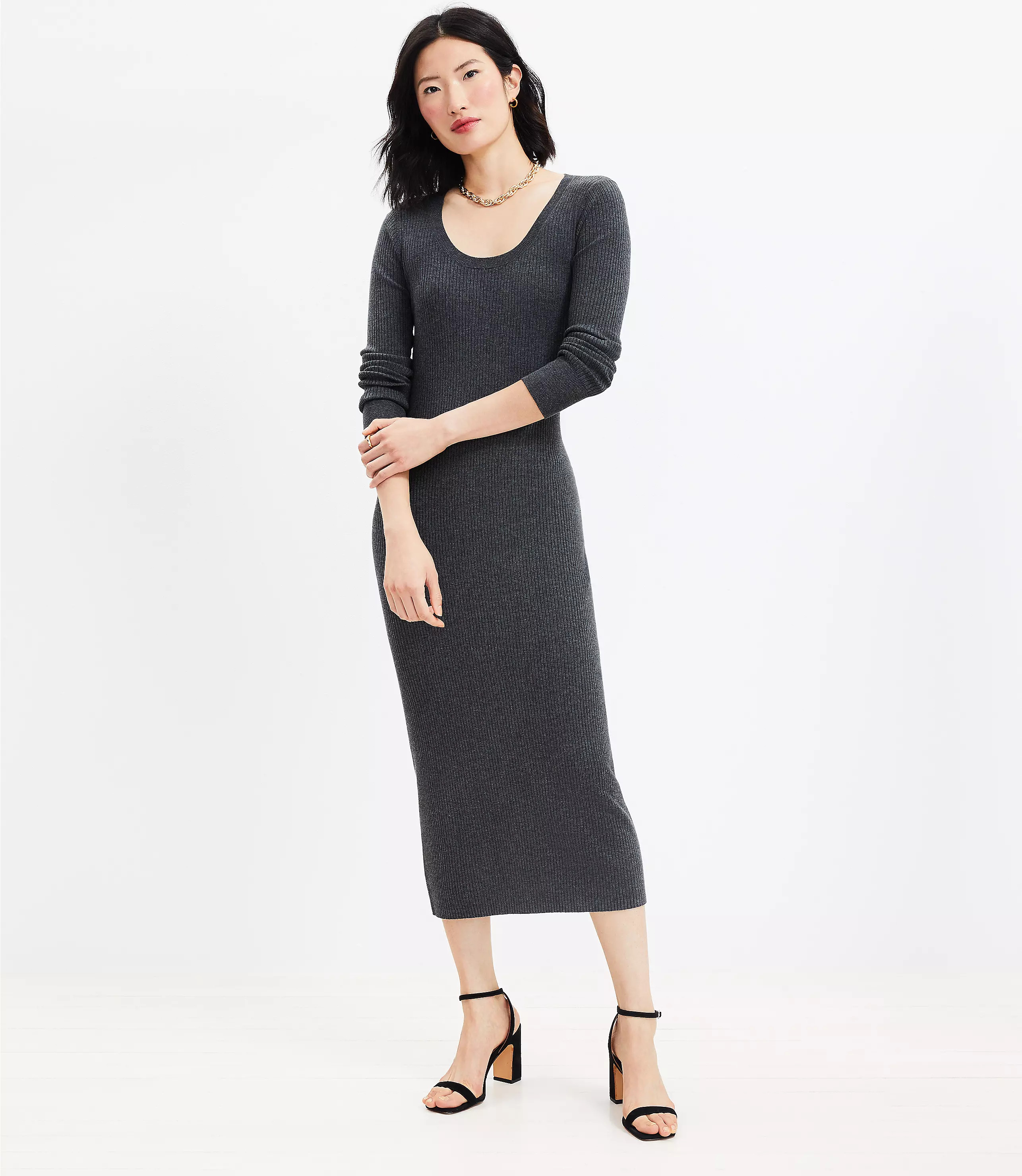 Heathered Ribbed Scoop Neck Midi Dress | LOFT
