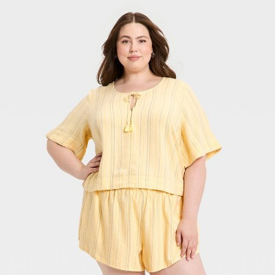 Women's Bell Elbow  Sleeve Keyhole Peasant Top - Universal Thread™ Yellow Striped XXL | Target