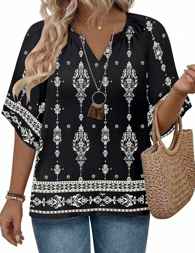 IN'VOLAND Plus Size 3/4 Sleeve Womens Blouse Boho Tops Summer V Neck Casual Loose Fit Tunic Beach... | Amazon (US)