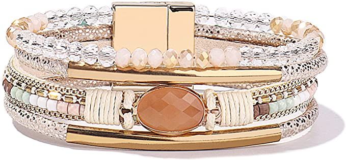 FANCY SHINY Leather Wrap Bracelets Crystal Beads Bracelet Boho Cuff Stone Charm Bracelets with Cl... | Amazon (US)