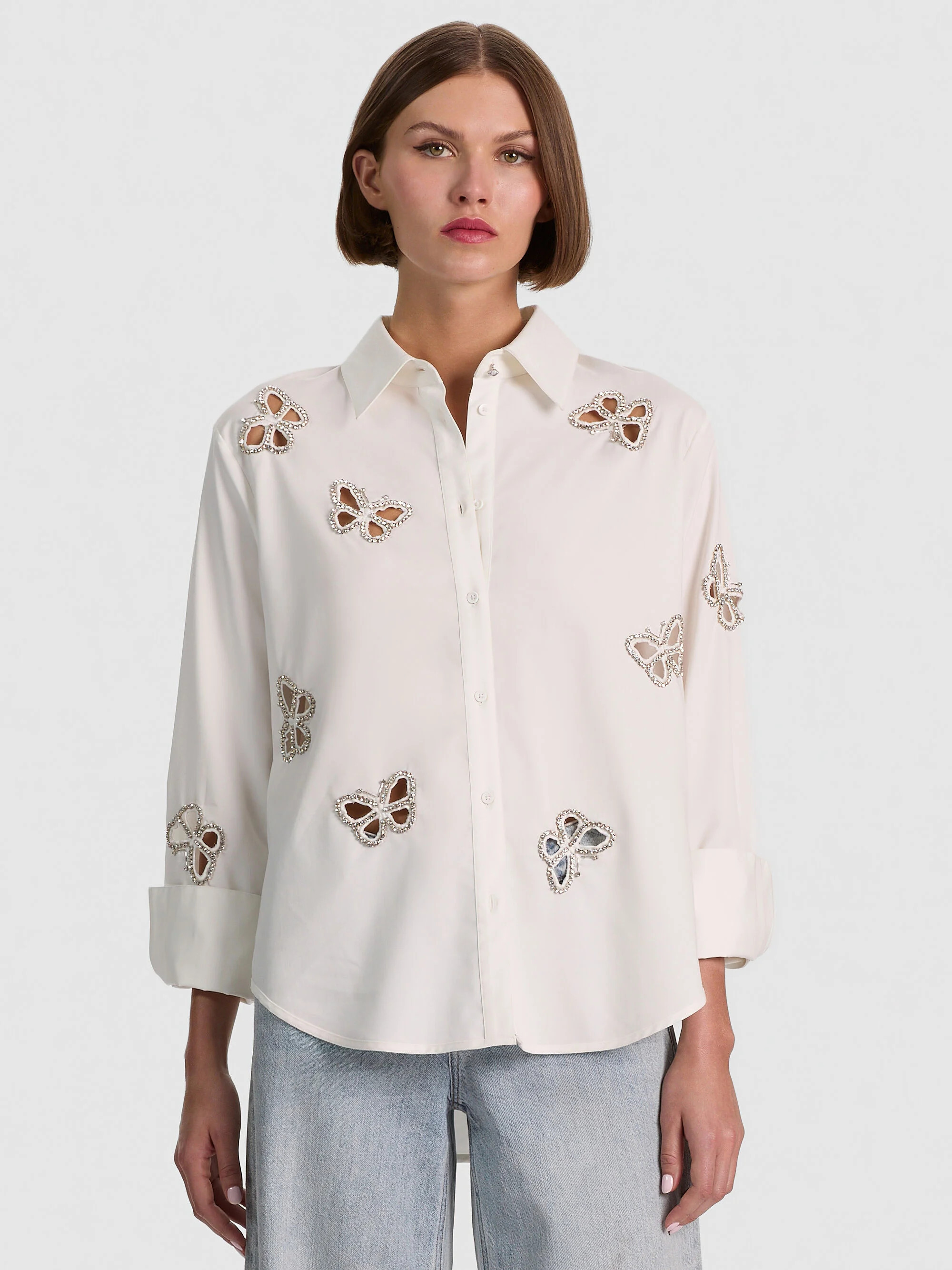 FINELY EMBELLISHED CUTOUT BUTTON DOWN | Alice + Olivia