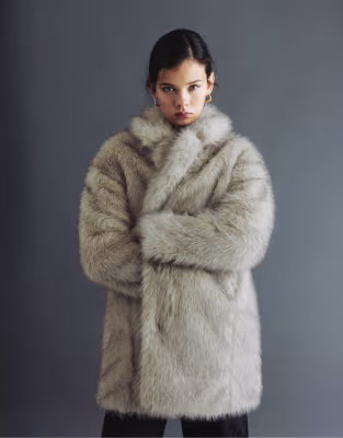 Pull&Bear Faux fur coat in pearl grey | ASOS (Global)