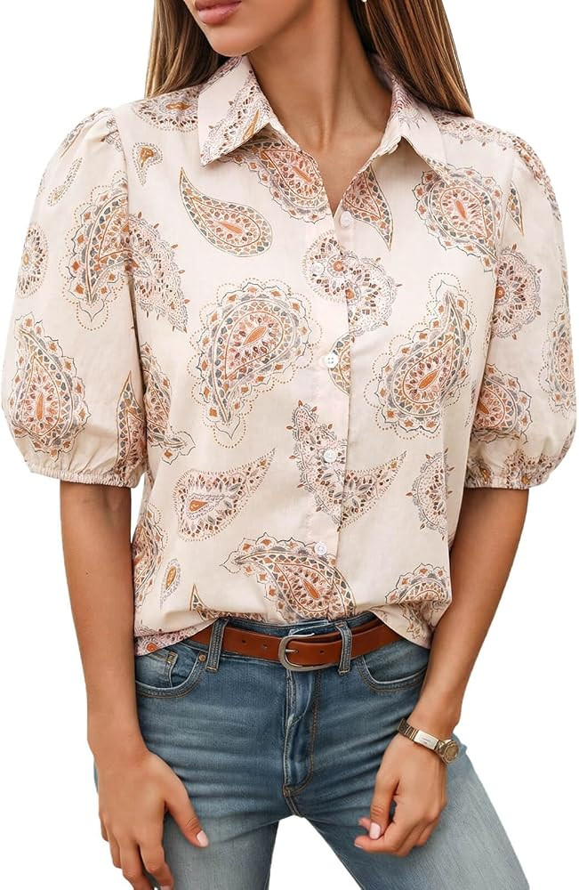 Tankaneo Women's Button Down Shirts Short Puff Sleeve Collared Dressy Casual Blouse Tops | Amazon (US)