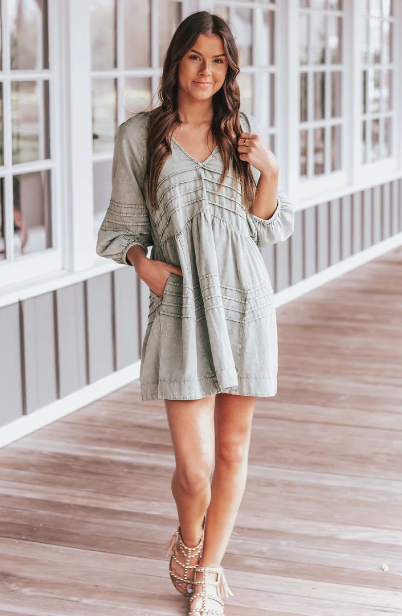 Casual Elements Washed Olive V-Neck Pleated Mini Dress | Apricot Lane Boutique