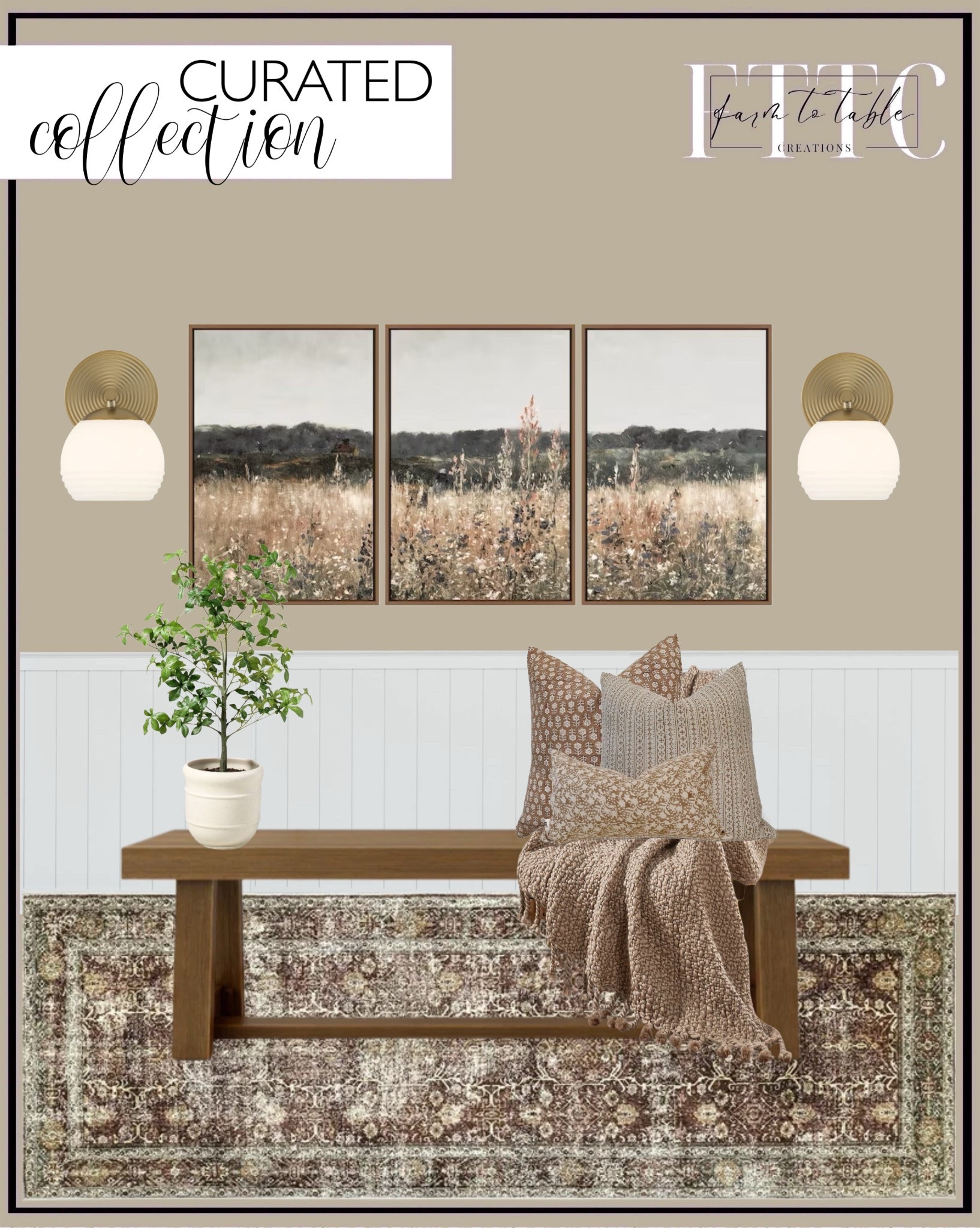 Curated Entryway Collection. Follow @farmtotablecreations on Instagram for more inspiration.

Wall art set. Vernon Steel Flush Mounted Sconce. Linzy Classic Wood Bench. Living Room Rug. Entryway Runner. block print linen pillow combos, camel color/ light brown floral natural linen pillows. Woven Knitted Throw Blanket. 33" Faux Potted Gypsophila Leaf Tree - Hearth & Hand™ with Magnolia. Deluxe Shiplap with a Nickel Gap 8' Length PVC Wainscoting Kit. 

Entryway Decor | Spring Decor | Entryway Decor | Bedroom Furniture | nightstands | Home Decor| Fireplace Decor | Spring Refresh |  Bedroom Finds | Neutral Stems | Spring Stems | Bookshelf Decor | Bedroom Space | Cozy Corner | Bathroom | Curated Entryway | Spring  Decor | End of Year Clearance | Trending Decor | Viral Decor  | Coffee Table Decor | Neutral Decor | Stem Sale | Target Finds | Skinny Bench | Bedroom | Living Room | Breakfast Nook | Amazon Home | Target Sale | Loloi Rugs | Magnolia Home | console table | console table styling | faux stems | entryway space | front porch decor | neutral decor | entryway decor | cozy home | affordable decor |  home decor | home inspiration | console styling | entryway rug | cozy moody home | moody home decor | neutral home | bathroom decor | living room | spring decor | Hearth & Hand | Studio McGee | 2025 Home Trends | trending home | Crate&Barrel 



#LTKFindsUnder50 #LTKHome #LTKSaleAlert