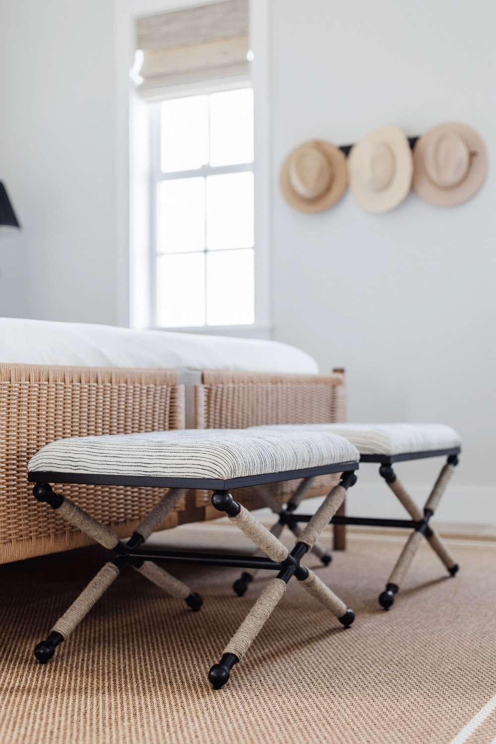 Decor that is fun AND functional is the best way to give a space personality without adding clutter.

Add pattern and texture with your bed frame, foot-of-the-bed benches or stools, and a multi-purpose hook rail for holding hats or bags.

#neutraldecor #beachhouse #bedroom 

 #LTKHome