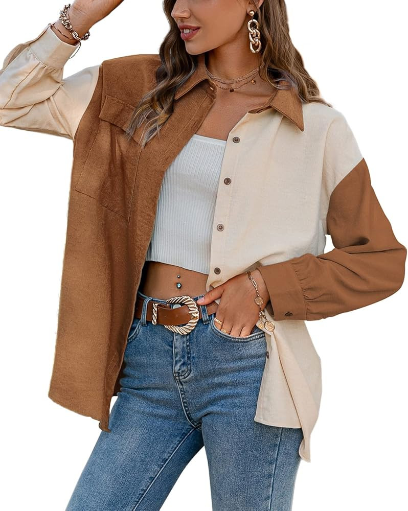 GIGILAUGH Women's Corduroy Color Block Boyfriend Shirts Casual Oversized Button Down Blouse Tops ... | Amazon (US)