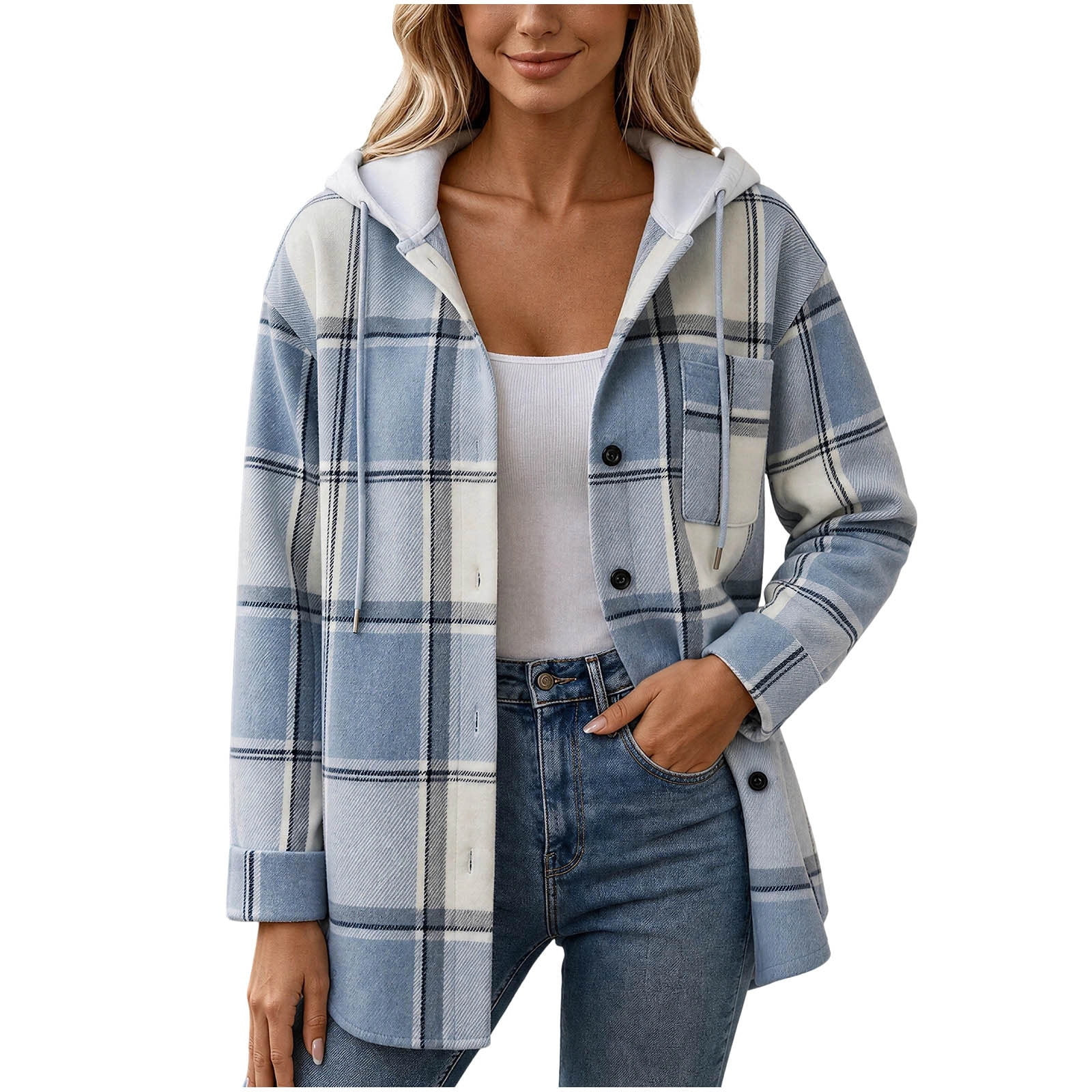 HongQid Plaid Hooded Shacket for Women | Button Front Flannel Plaid Shirt Jacket with Lined Hood and Pockets, Lightweight Plaid Outer Layer, Trendy Fall Winter Clothing Ladies Plaid Hooded Coat - Walmart.com | Walmart (US)