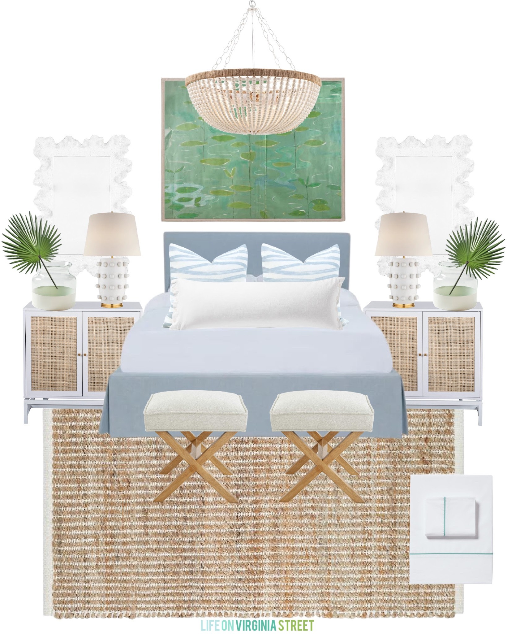 Sophisticated coastal bedroom design ideas including a blue upholstered bed, jute rug, rattan nightstands, circle dot lamps (also linking a look for less), linen lumbar pillows, oversized green lily art, x bench stools, a wood bead chandelier, and fan palm decor! . white and blue bedroom, coastal decorating ideas, beachy bedroom ideas, primary bedroom ideas

#ltkhome #ltksalealert #ltkunder50 #ltkunder100 #ltkseasonal 

#LTKhome #LTKSeasonal #LTKsalealert #LTKsalealert #LTKSeasonal #LTKhome