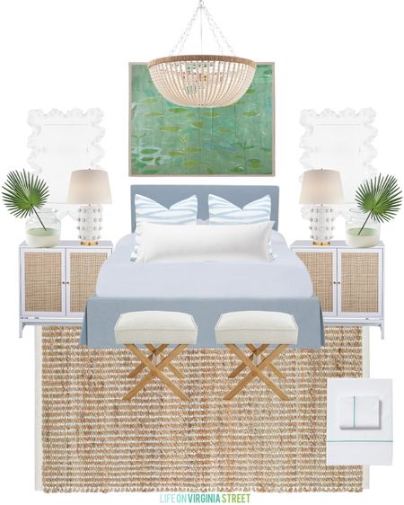 Sophisticated coastal bedroom design ideas including a blue upholstered bed, jute rug, rattan nightstands, circle dot lamps (also linking a look for less), linen lumbar pillows, oversized green lily art, x bench stools, a wood bead chandelier, and fan palm decor! . white and blue bedroom, coastal decorating ideas, beachy bedroom ideas, primary bedroom ideas

#ltkhome #ltksalealert #ltkunder50 #ltkunder100 #ltkseasonal 

#LTKhome #LTKSeasonal #LTKsalealert #LTKsalealert #LTKSeasonal #LTKhome