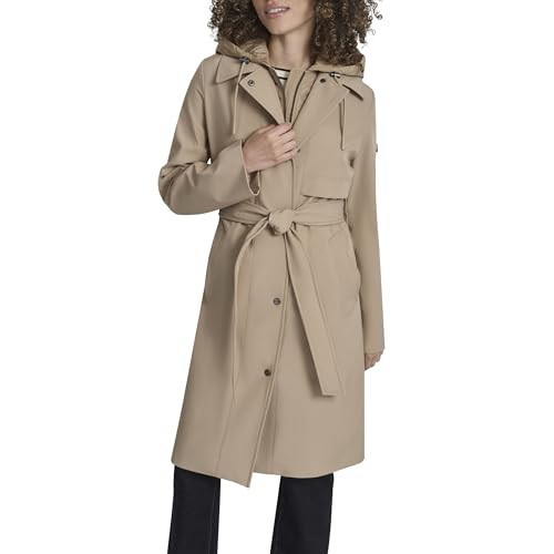 DKNY Women's Belted Trench Coat with Hood – Lightweight Water-Resistant Long Jacket, Khaki, XS | Amazon (US)