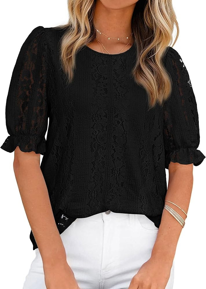 KIRUNDO Lace Tops for Women 2026 Summer Work Blouse Dressy Casual Crewneck Hollow Out Short Sleev... | Amazon (US)