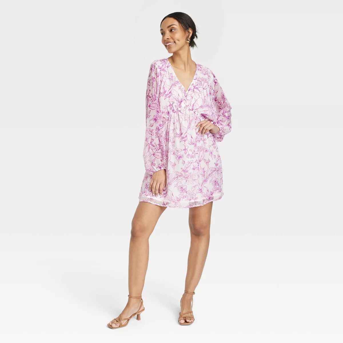 Women's Balloon Sleeve Mini Dress - A New Day™ Cream/Purple Floral M | Target