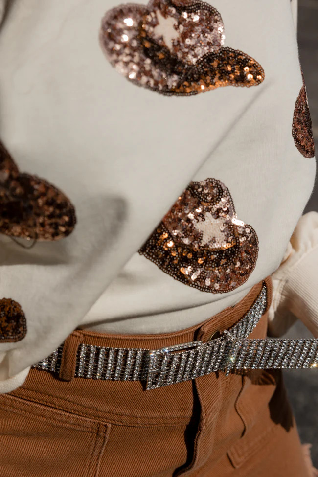 Country Soul Cowboy Hat Sequin Patch Ivory Cropped Sweatshirt | Pink Lily