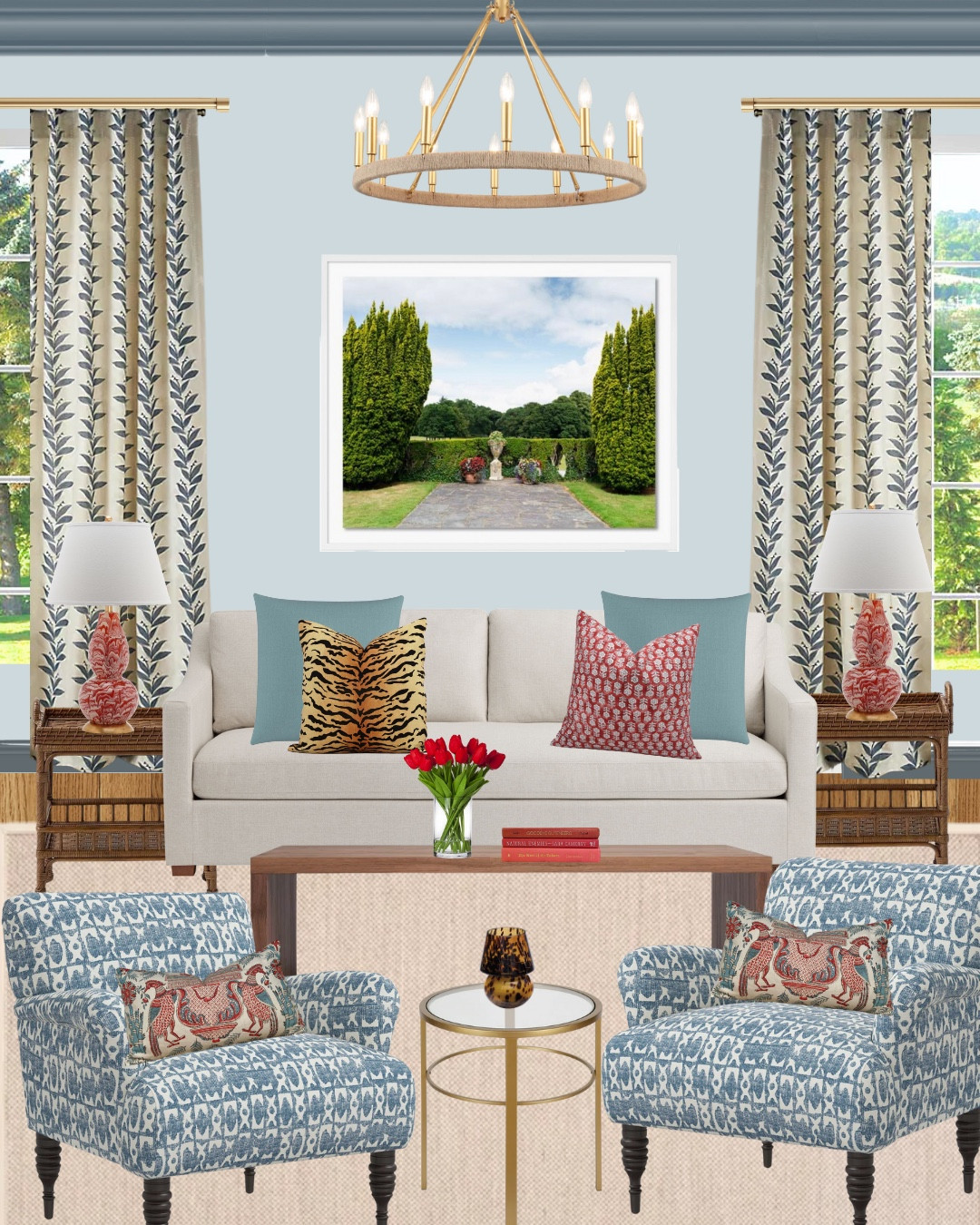 Living room inspo, blue living room, colorful home, jute rug, jute and brass chandelier, custom pillows, designer pillows, tiger pillow, red block print pillow, blue linen pillow, red lumbar pillow, neutral sofa, ivory sofa, chinoiserie chic, red and white lamps, rattan end table, blue late accent chairs, parsons coffee table, faux tulips, tortoise shell candle, blue botanical curtains, photography artwork, gold curtain rod, brass side table, gold accent table, coffee table books, design on a dime, designer dupes

#LTKOver40 #LTKHome #LTKSaleAlert