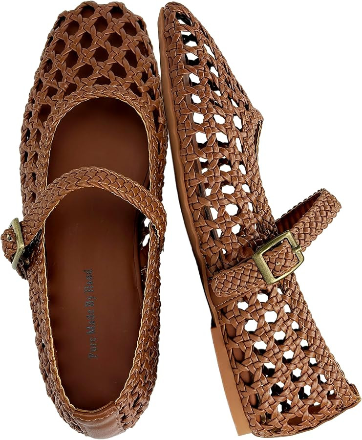 Hand Woven Flats for Women Ballet Flats with Adjustable Buckle Strap, Comfortable Mary Jane Flats... | Amazon (US)