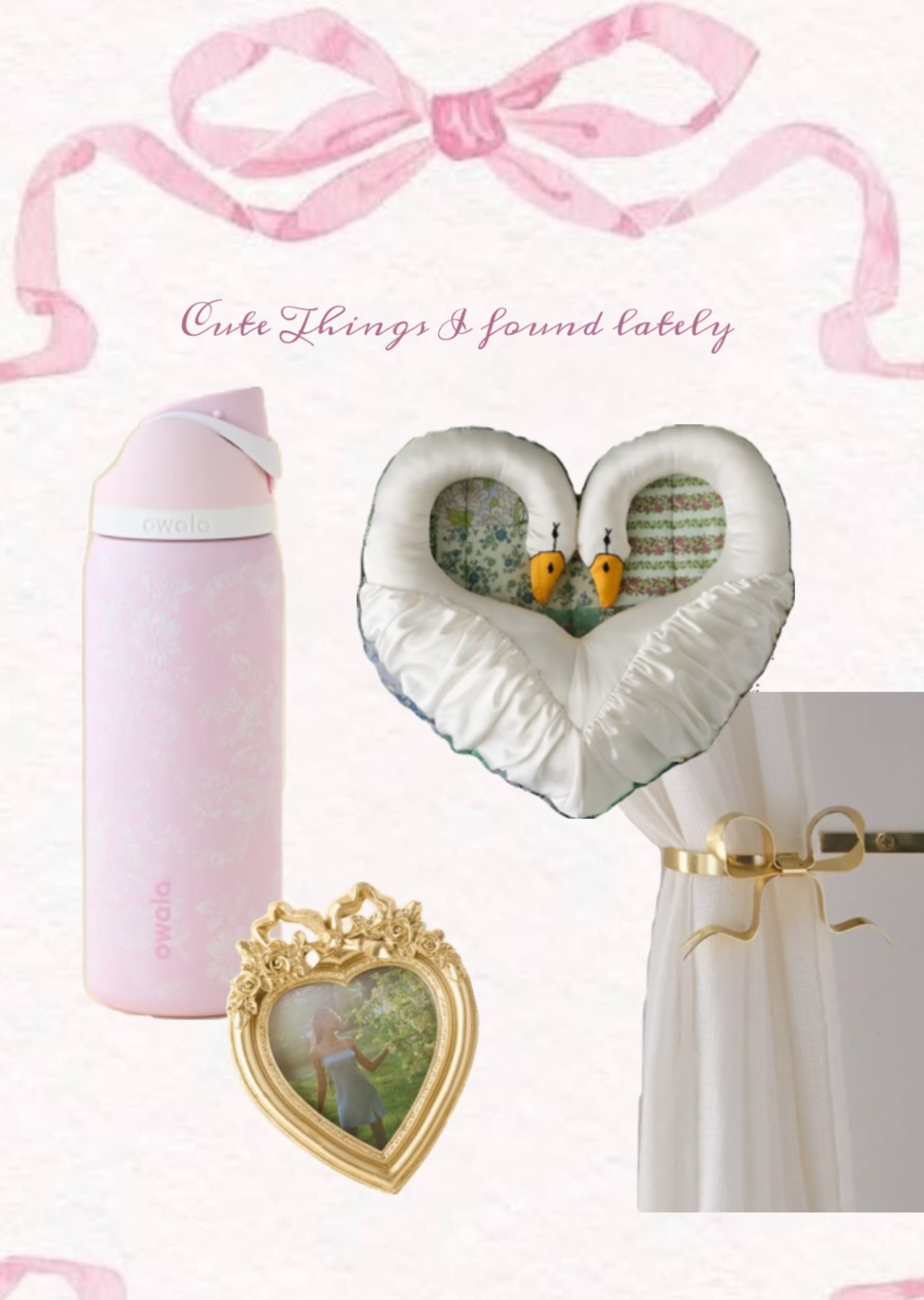 Pink lace toile owala, swan throw pillow, bow gold curtain tie backs & heart gold vintage inspired frame 💗 

#LTKHome