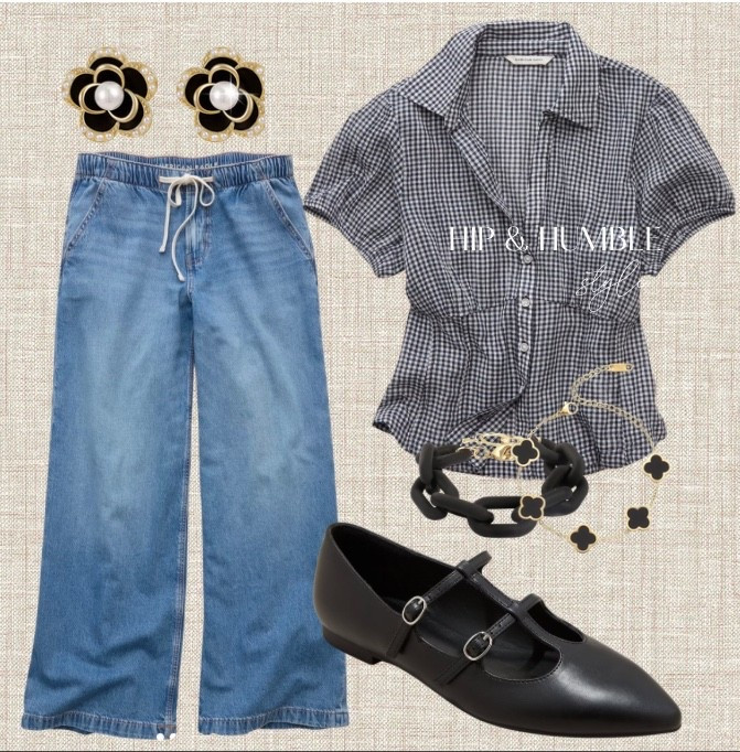 Cute outfit idea for spring with comfy drawstring jeans, gingham top, black and white accessories 

#LTKootd #LTKOver40 #LTKgrwm