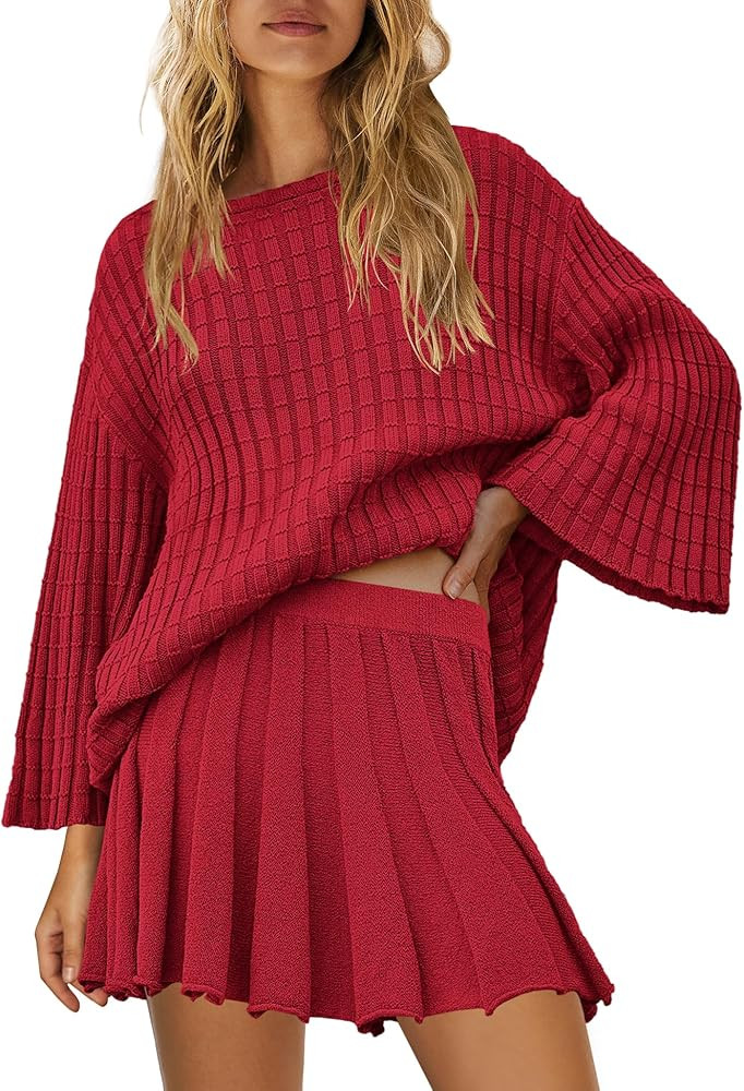 Yanekop Womens 2 Piece Sweater Skirt Set Loose Matching Lounge Sets Comfy Pajamas Set Long Sleeve... | Amazon (US)