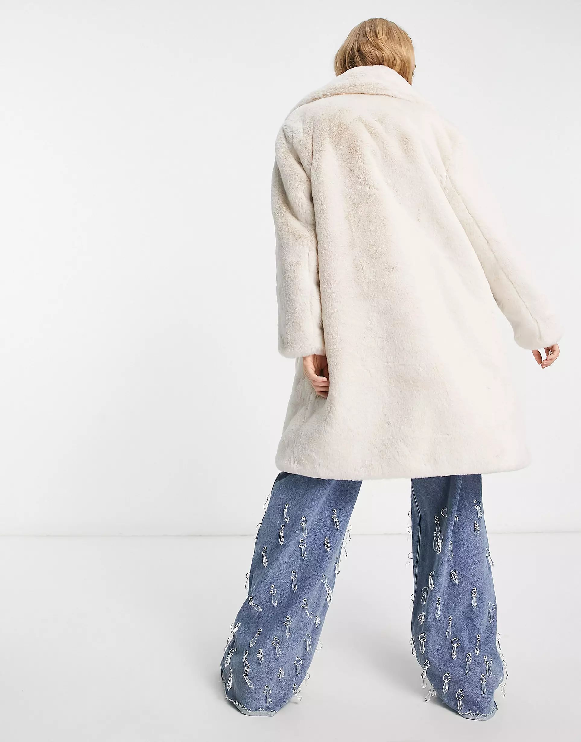 Bershka longline teddy fur coat in ecru | ASOS (Global)