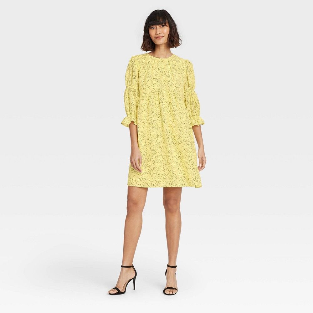 Women's Dash Print Puff Elbow Sleeve A-Line Dress - Who What Wear Yellow XL | Target