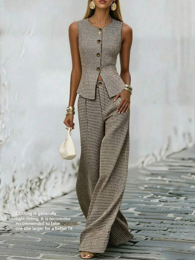 SHEIN PariChic 2026 Vintage Plaid Sleeveless Blazer & Pants Set - High-Waisted Button Detail Chic Versatile Two Pieces For Casual Office Vacation | SHEIN