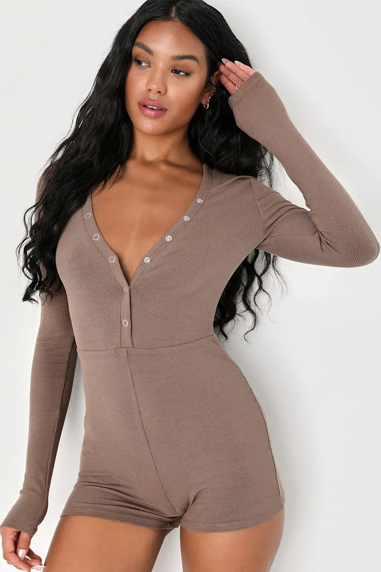 Leisurely Love Taupe Ribbed Long Sleeve Lounge Romper | Lulus (US)